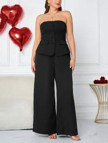 SHEIN Tall CURVE 大码女士优雅约会之夜纯色露肩西装外套套装，适合工作制服、办公室、仙女、美人鱼风格 - 黑色 - 查看 6