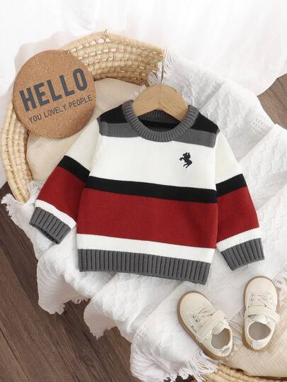 SHEIN 1 pezzo Maglione stile coreano per neonato maschio, vintage rosso & marrone a blocchi di colore a righe, morbido e delicato sulla pelle, girocollo, pullover, con ricamo di un piccolo cavallo, top in maglia versatile, strato base a maniche lunghe per primavera, autunno e inverno, per neonati e bambini piccoli
