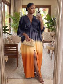 SHEIN Lady CURVE 大尺碼漸層印花高開衩休閒優雅度假洋裝，適合婚禮賓客、約會、派對，海軍藍，秋季 - 灰色 - 查看 1