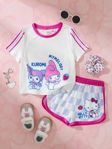 HELLO KITTY AND FRIENDS | SHEIN 少女卡通印花條紋拼接圓領T恤與格紋短褲套裝 - 白色 - 查看 1