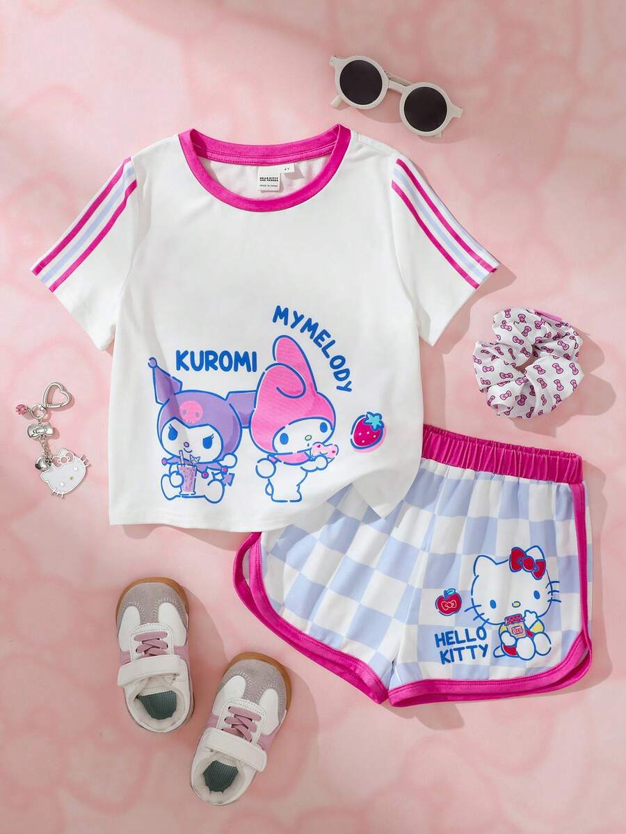 HELLO KITTY AND FRIENDS | SHEIN 少女卡通印花條紋拼接圓領T恤與格紋短褲套裝 - 白色 - 查看 1