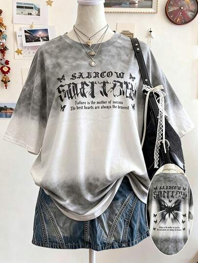 Lalippa Gothic Letter Gradient Digital Print Fashion Minimalist Women's Oversized Mid-Length Round Neck Drop Shoulder T-Shirt, Friend's Gift