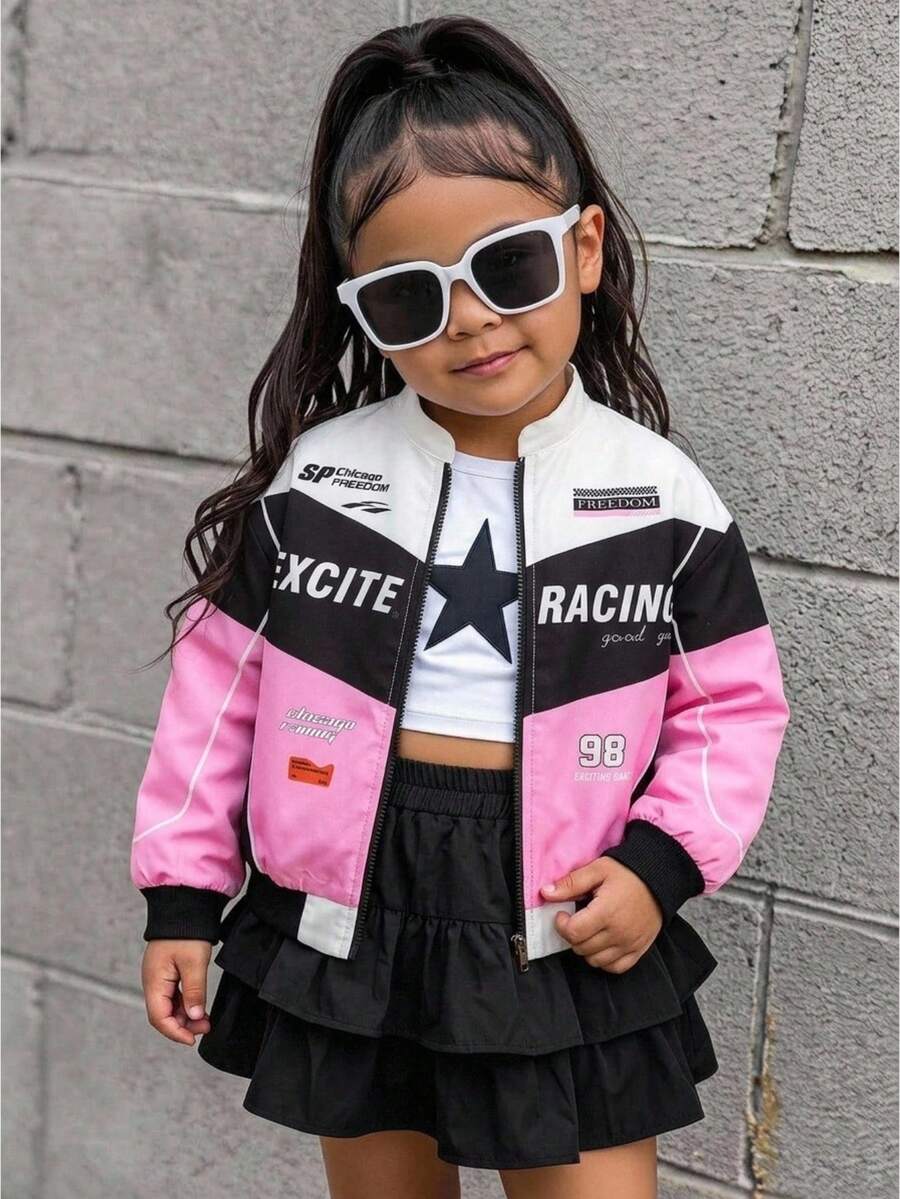 Young Girl Casual Daily Letter Print Loose Drawstring Hem Jacket, Black And Pink Autumn/Winter Jacket Back To School Fall Clothes - Multicolor - View 1