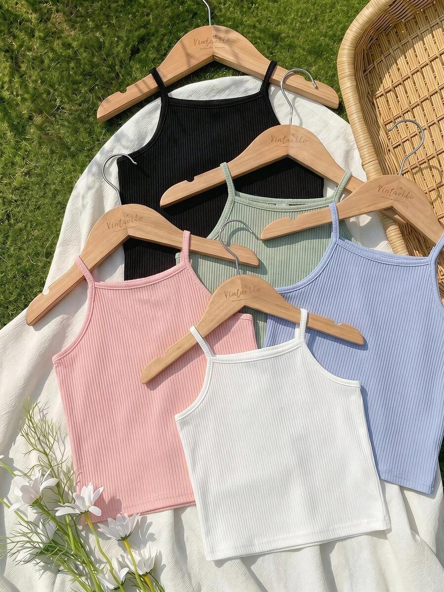 SHEIN Young Girl 5pcs Ribbed Knit Cami Top, School, Campus, College - Multicolor - View 1