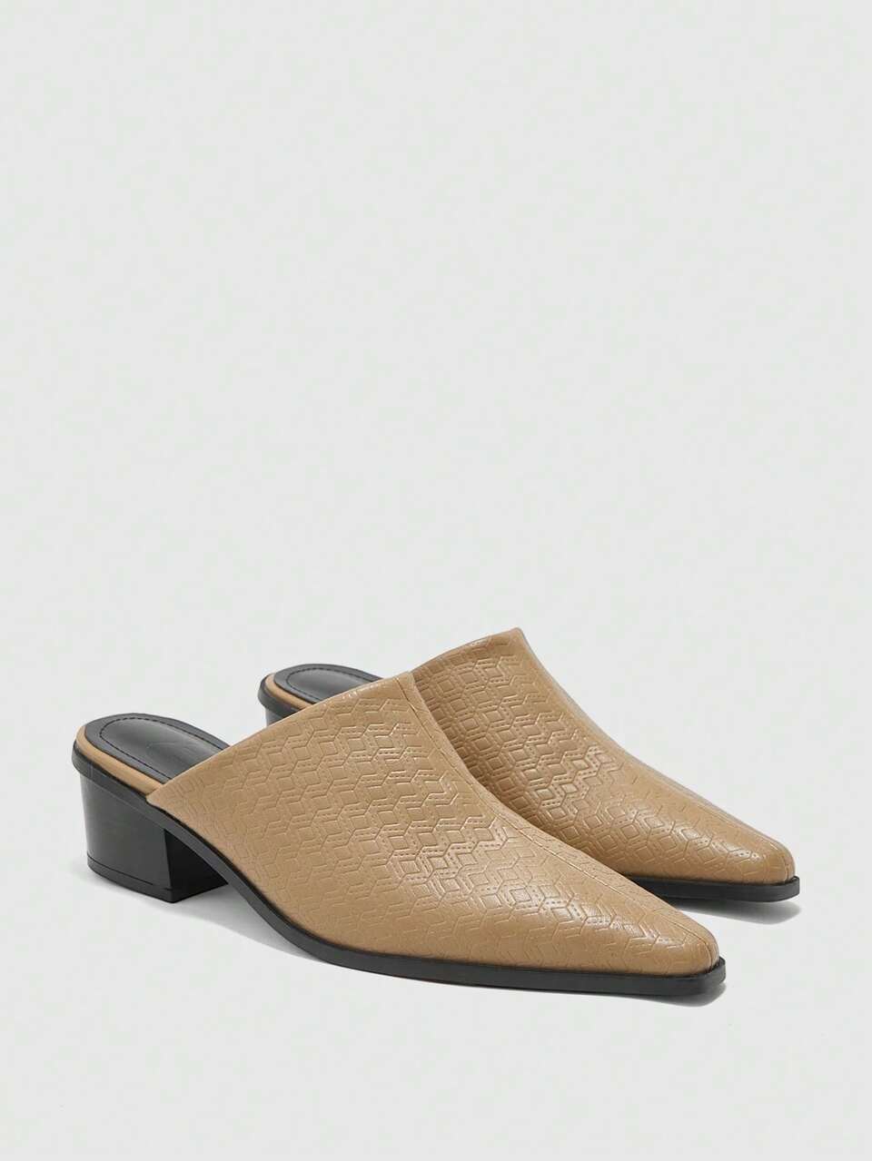 CUCCOO BIZCHIC Khaki Pointed Embossed Mullers, Retro Western Thick Heel Half-Drag Shoes