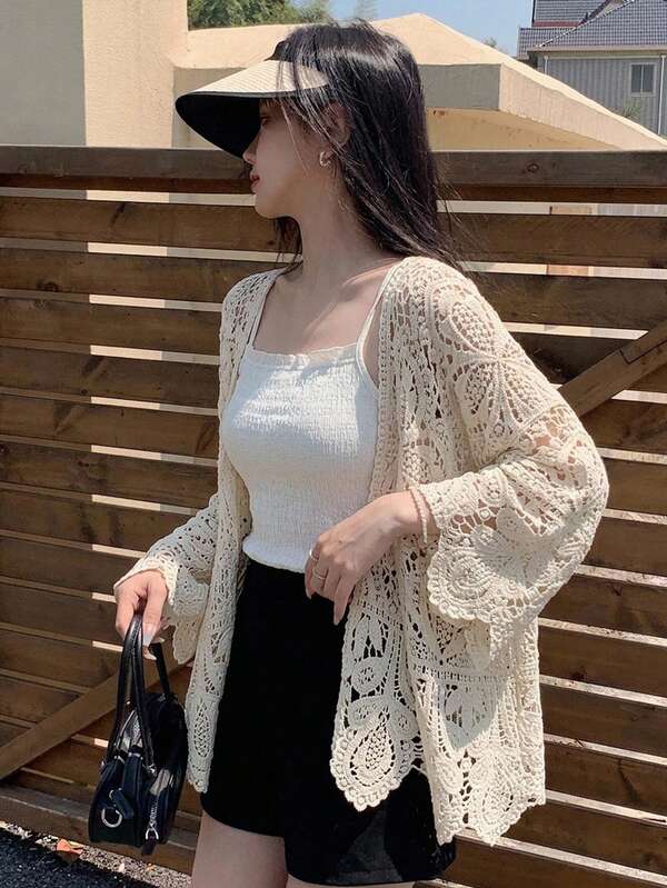 FRIFUL Women Solid Color Crochet Hollow-Out Casual Vacation Long Sleeve Cardigan