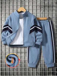 Bộ áo khoác sweatshirt cổ đứng vạt mở và quần dài trẻ em cho bé trai, phong cách thể thao thường ngày thoải mái, màu xanh phối mảng màu, dáng rộng, 2 món, phù hợp đi chơi, đi học, tụ tập hàng ngày, mùa thu/đông - Màu xanh lam - Xem 6
