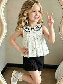 SHEIN Elladie kids 2件組少女波點無袖上衣與純黑色短褲夏季套裝，彼得潘領百褶上衣附蝴蝶結裝飾，柔軟面料套裝 - 黑色 - 查看 8