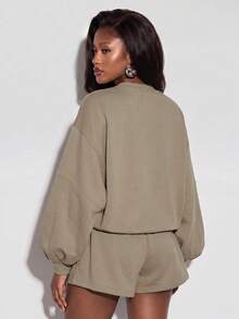Avantive Women's Fashion Embroidered Long Sleeve Sweatshirt And Drawstring Waist Pocket Shorts 2 Pieces Set Airport Khaki Autumn Casual - Mocha Brown - View 3