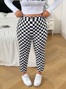 SHEIN EZwear 大尺碼女款棋盤格高腰緊身休閒長褲 - 黑與白 - 查看 2