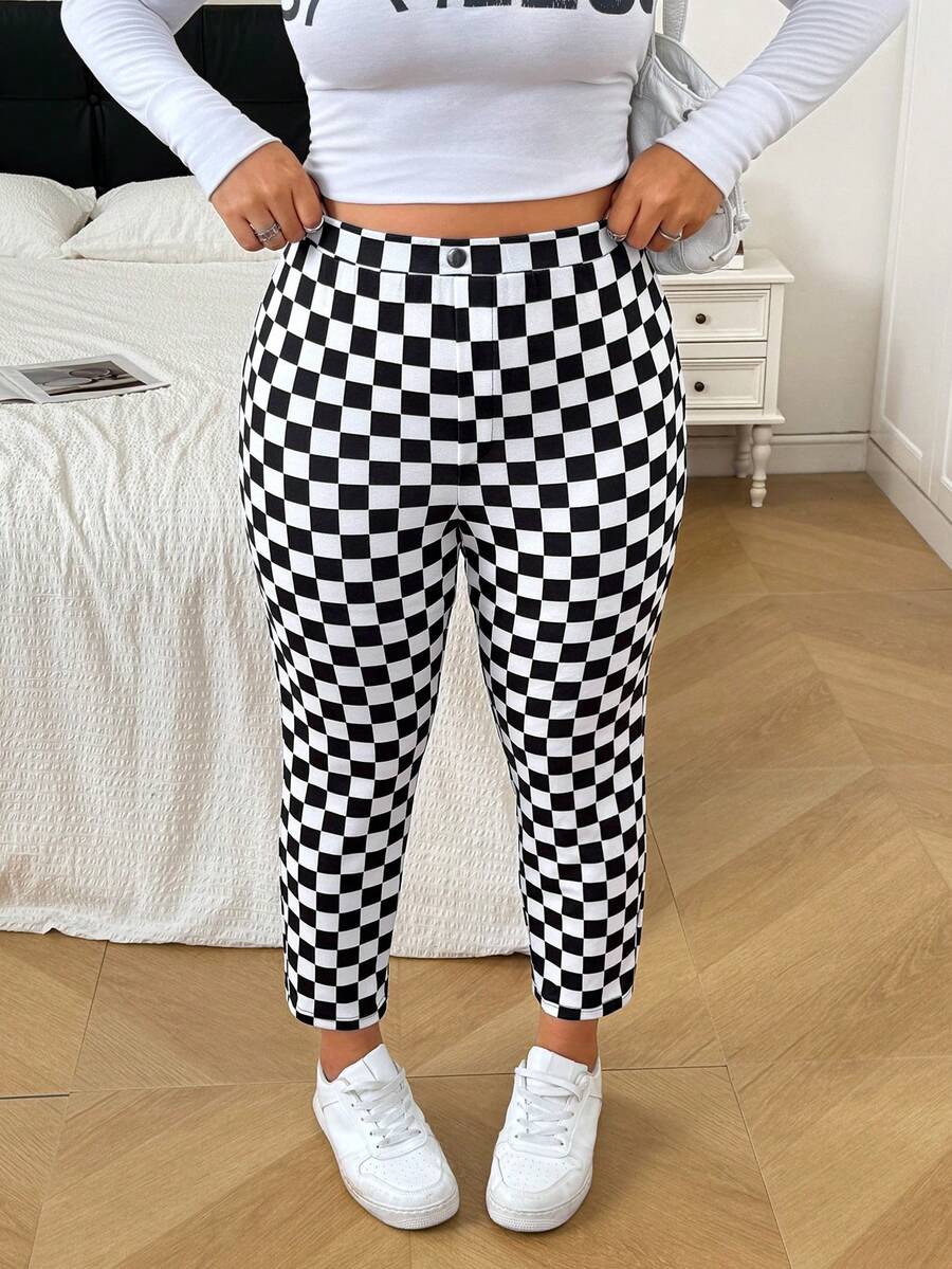 SHEIN EZwear 大尺碼女款棋盤格高腰緊身休閒長褲
