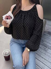 Bijouette 大尺碼女款時尚休閒優雅掛脖雪紡上衣，波點設計，白黑配色，泡泡袖，寬鬆版型，適合早午餐與辦公室穿著 - 黑色 - 查看 12