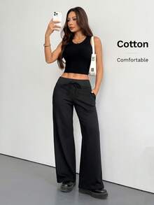 SHEIN PETITE Quần nỉ nữ ống rộng cạp thấp dệt kim trơn thoải mái phong cách thường ngày, dành cho nữ petite - màu đen - Xem 6