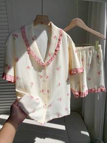 Comfortcana Romantic Pink Rose Print Sweetheart Neck Women Short Sleeve Shorts Pajama Set - Apricot - View 6