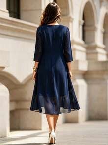 Velvienne Plus Size Elegant Commuter Solid Color Dress Fall - Navy Blue - View 2