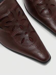 CUCCOO BIZCHIC Pointed Embossed Mules Shoes, Retro Western Style Thick Heel Mules Shoes Fall Shoes - Coffee Brown - View 9