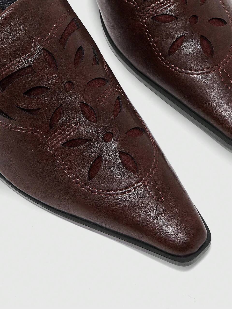 CUCCOO BIZCHIC Pointed Embossed Mules Shoes, Retro Western Style Thick Heel Mules Shoes Fall Shoes