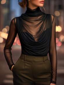 Editum Women's Sexy Sheer Long Sleeve High Neck Top, Elastic Mesh Ruched Design, Suitable For Evening Night Out, Date, Work And Daily Wear, Black Autumn// - Black - View 1