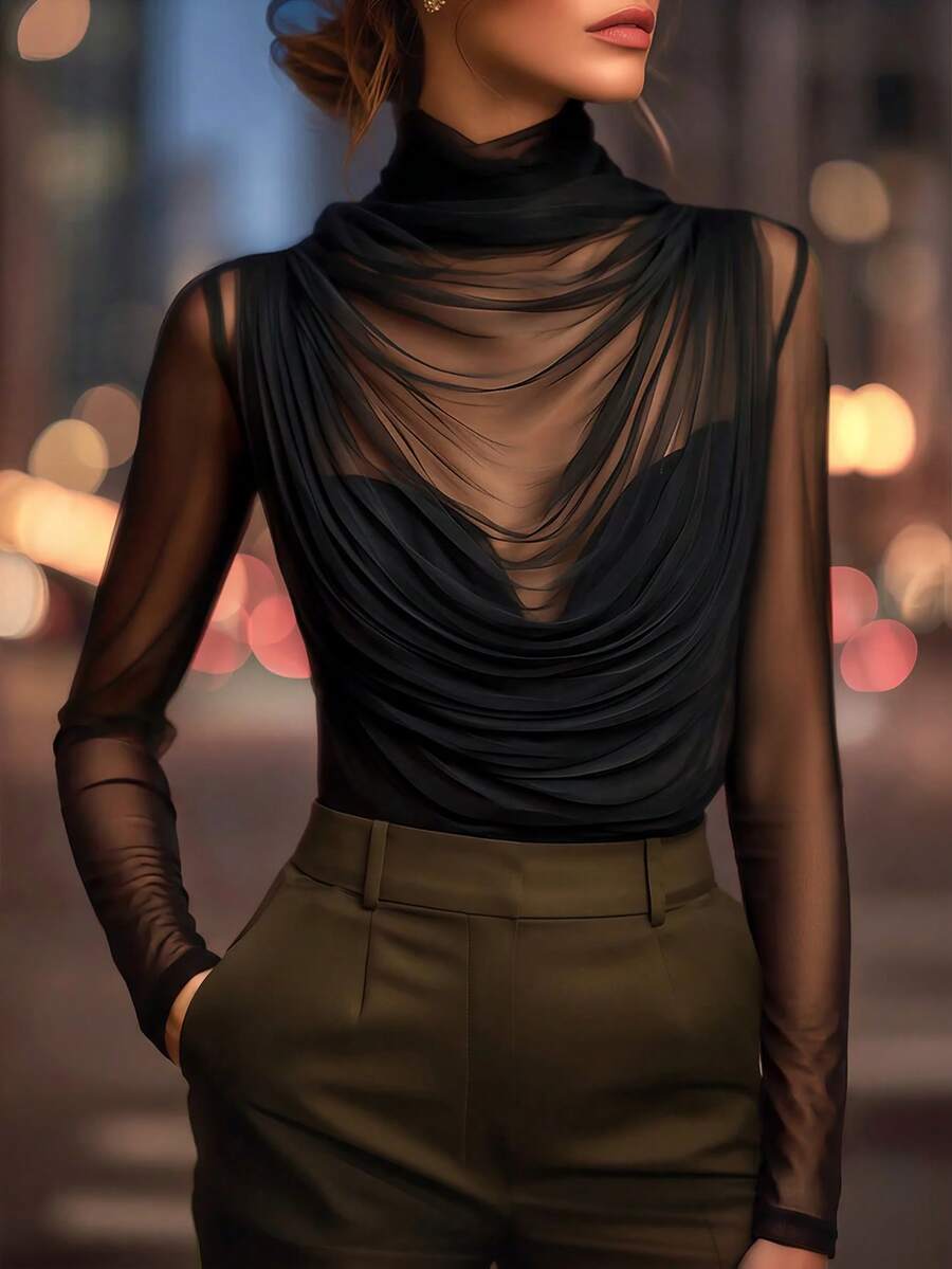 Editum Women's Sexy Sheer Long Sleeve High Neck Top, Elastic Mesh Ruched Design, Suitable For Evening Night Out, Date, Work And Daily Wear, Black Autumn// - Black - View 1