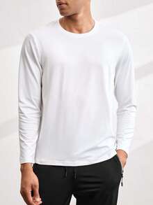 Driftmere Men's Casual Solid Color Round Neck Long Sleeve T-Shirt, For Fall - White - View 6