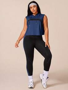SHEIN Rhythm Era 女款運動瑜伽戶外健身運動套裝，抽繩連帽無袖寬鬆運動衫，胸前弧形拼色設計，緊身運動褲配線條與拼色對比 - 藏蓝色 - 查看 4