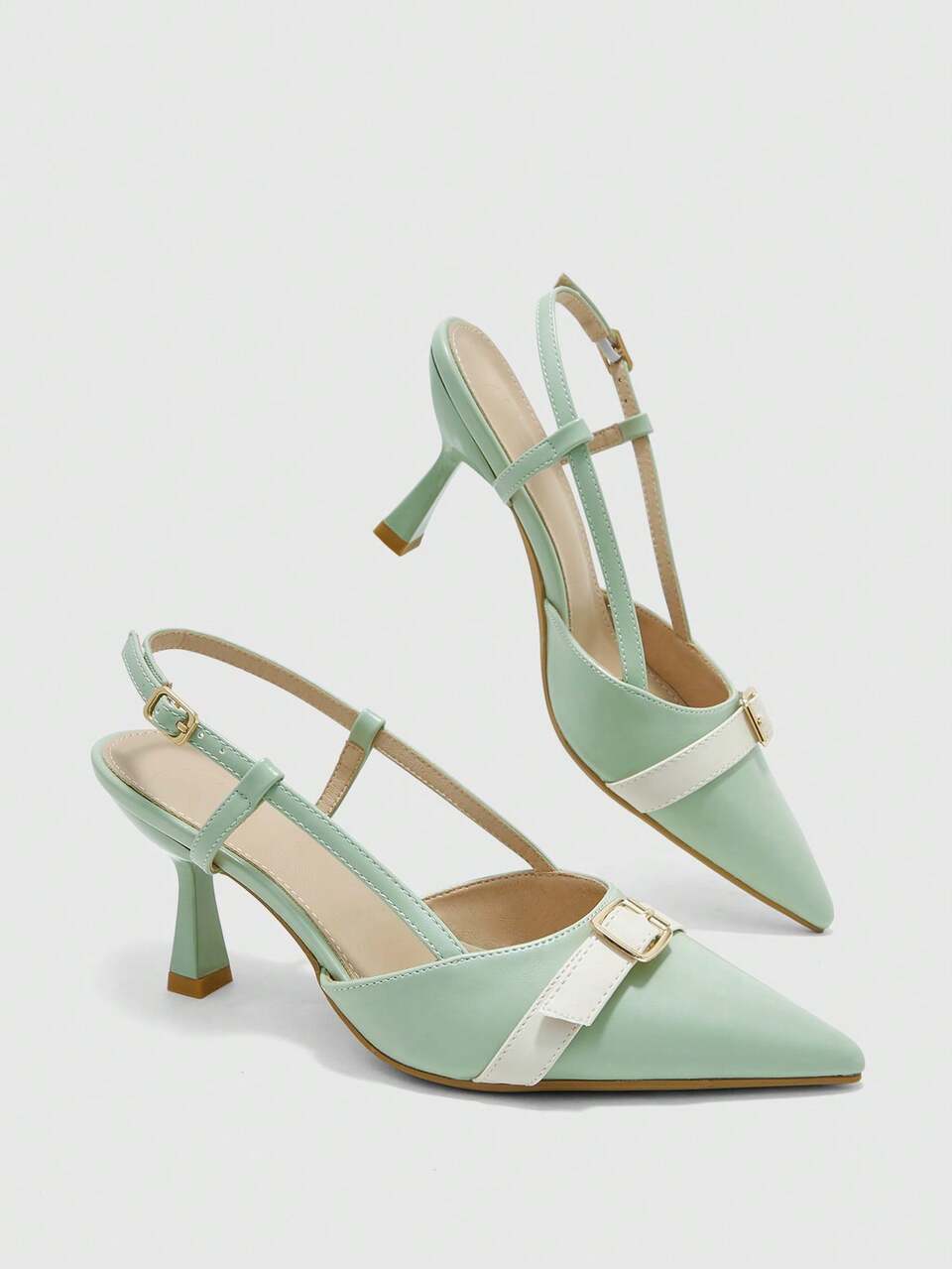 CUCCOO BIZCHIC Elegant Slingback Heels For Women Buckle Detail Pointed Toe Color Block Office Shoes