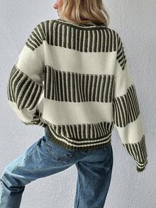 EURMUSE Striped Pattern Drop Shoulder Sweater - Khaki - View 2