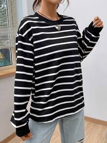 SHEIN EZwear 春季白色條紋印花落肩連帽衛衣，畢業季、返校穿搭，女教師穿搭，秋冬返校穿搭 - 黑色 - 查看 3