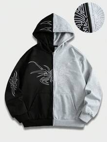 ROMWE MEN Street Life 男士刺繡口袋對比色長袖連帽衫 - 黑色 - 查看 1