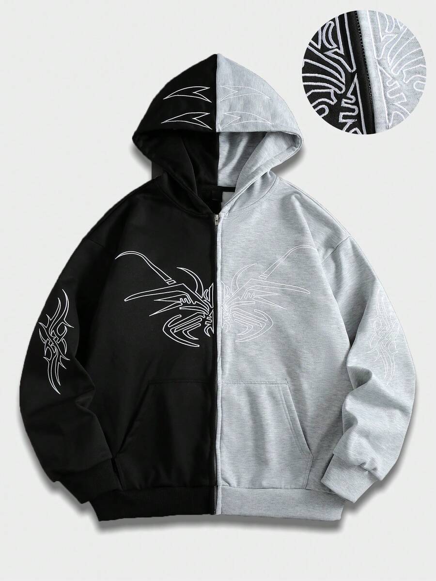 ROMWE MEN Street Life 男士刺繡口袋對比色長袖連帽衫 - 黑色 - 查看 1
