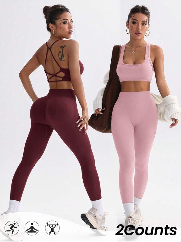 SHEIN Velisys Setelan Olahraga Kasual Sehari-hari untuk Wanita: Atasan Pendek Warna Polos dan Legging Pinggang Tinggi
