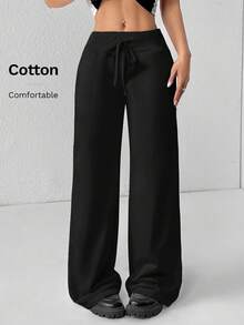 SHEIN PETITE Quần nỉ nữ ống rộng cạp thấp dệt kim trơn thoải mái phong cách thường ngày, dành cho nữ petite - màu đen - Xem 12