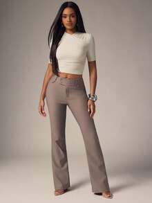 Denimoi Fashion Trouser Pants Boot Cut Trousers Brunch Date Night Dinner GNO Office Wear, Chic Business - Khaki - View 2