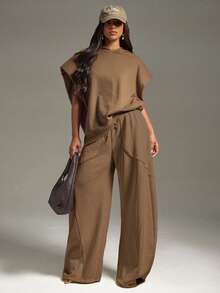 Denimoi Oversized Pad Shoulder Sweatshirt Lounge Wear Airport Cozy, Daily Casual - Brown - View 1