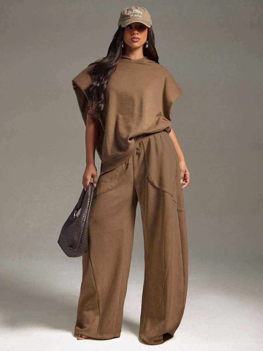 Denimoi Oversized Pad Shoulder Sweatshirt Lounge Wear Airport Cozy, Daily Casual - Brown - View 1