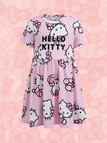 HELLO KITTY AND FRIENDS | SHEIN Gaun Kasual Lengan Pendek Leher Bulat Motif Kartun untuk Anak Perempuan - Berwarna merah muda - View 3