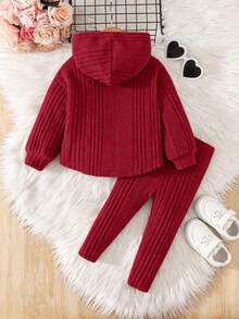 Cozy Pixies Baby Girl 2pcs Set Fashion Casual Drop Shoulder Ribbed Knit "Smile" Pattern T-Shirt And Leggings, Girls Ribbed Set, Girls Autumn Set, Girls Comfortable Set, Girls Sports Set - Burgundy - View 2