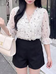 Bijouette 女款波點圖案喇叭袖荷葉邊時尚襯衫 - 黑與白 - 查看 7