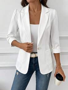 SHEIN Clasi Spring Summer Casual Solid Color Suit Jacket For Commuting Cuff Splicing Pearl Webbing Fall Women Clothes - White - View 4