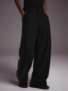 STYNVO Men's Solid Color Pleated Design Wide Leg Loose Fit Long Pants - Black - View 4