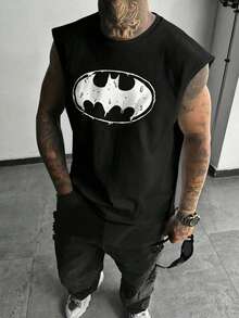 BATMAN X SHEIN 男士蝙蝠印花圆领休闲背心 - 黑色 - 查看 6