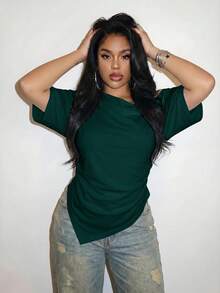 Slaydiva 2026 Spring/Summer Women's Plus Size Solid Color Asymmetric T-Shirt - Dark Green - View 5