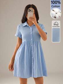 SHEIN PETITE 女款休閒舒適純色單排扣短洋裝，鈕扣開襟襯衫洋裝，度假風/波希米亞風，商務休閒，適合嬌小女性 - 藍色 - 查看 1