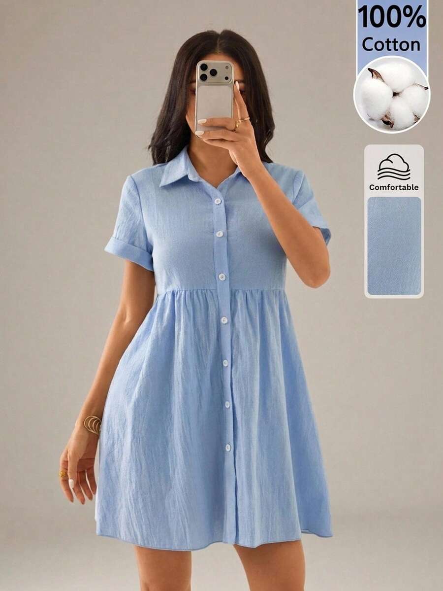 SHEIN PETITE 女款休閒舒適純色單排扣短洋裝,鈕扣開襟襯衫洋裝,度假風/波希米亞風,商務休閒,適合嬌小女性 - 藍色 - 查看 1
