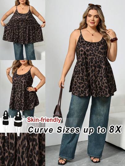 SHEIN CURVE+ Plus Size Women's Leopard Print Casual Daily Wear Camisole Top