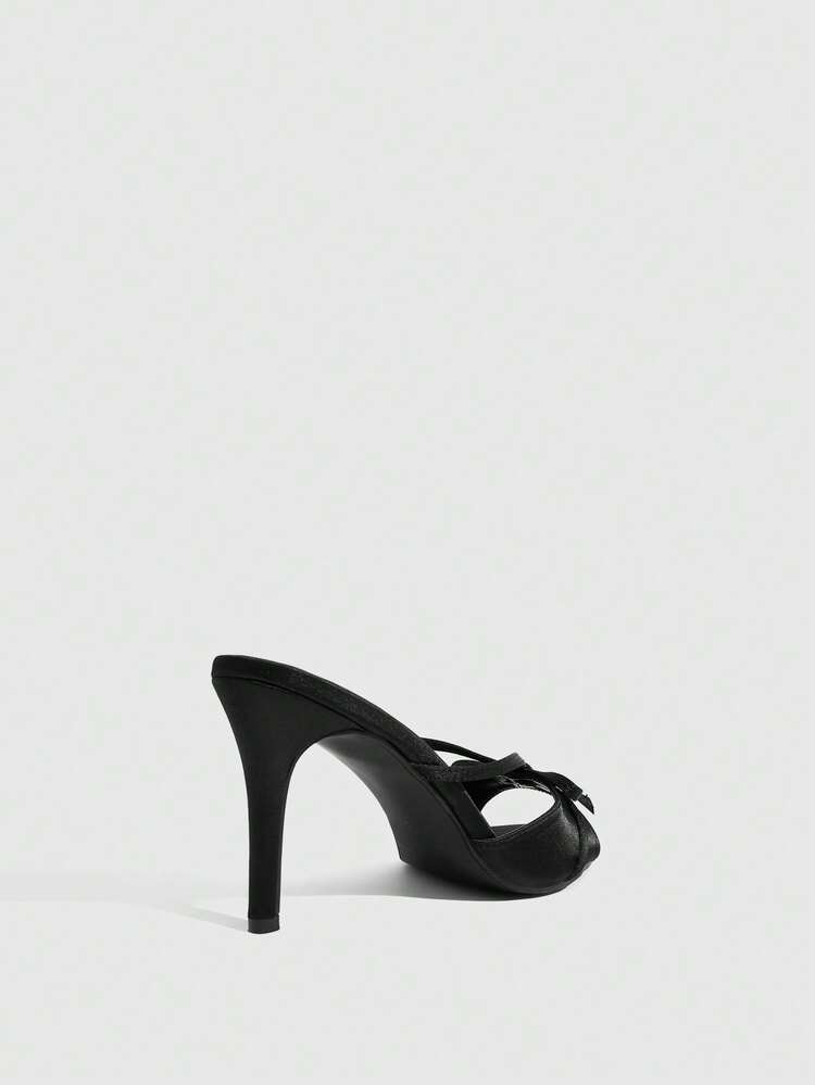 CUCCOO SZL Pointed Thin Heels Slippers Women Wear Black Bow Mules Shoes Sexy Temperament Versatile High Heels Women's Shoes - Black - View 3