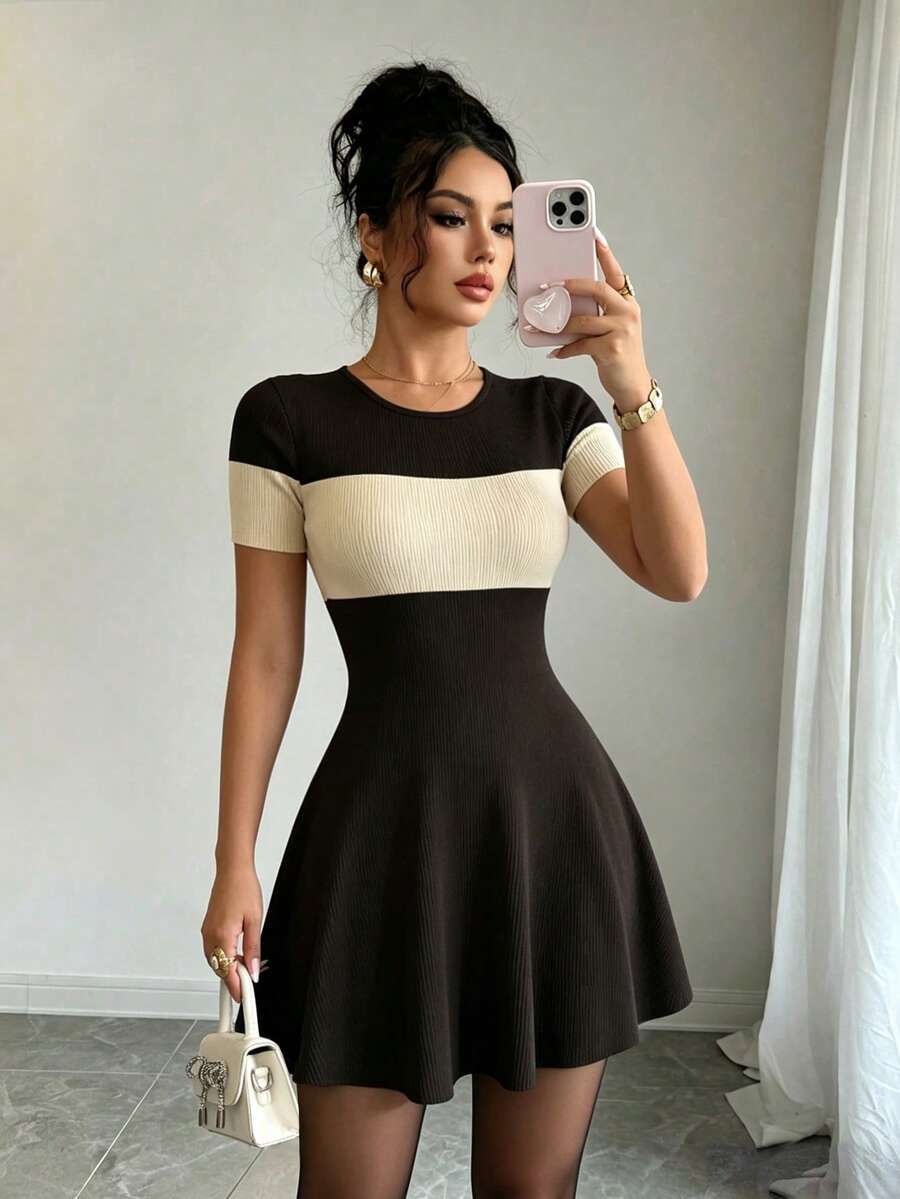 Elenzga Women's Round Neck Colorblock Casual Daily Short Dress - Brown - View 1