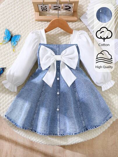 SHEIN Playful Pals Baby Girl Long Sleeve Bowknot Denim Dress Square Neck Design Patchwork White Woven Fabric Long Sleeve Classic Blue Denim Waist-Cinching Dress White Large Bowknot Decoration On Chest Front Panel Elegant Exquisite White Buttons A-Line Skirt Dress Suitable For Baby Girl Cute Playful Casual Fashion Commute Comfortable Outfit Suitable For Daily Wear Vacation Party Holiday Occasions