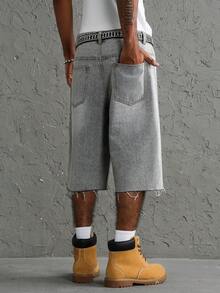 Manfinity EMRG Men's Casual Daily Denim Wide Leg Shorts With Pocket, Button And Letter Pattern - Light Grey - View 2