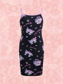HELLO KITTY AND FRIENDS | SHEIN Tween Girl Cartoon Print Spaghetti Strap Dress - Black - View 1